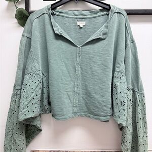 Pilcro Sage Green Eyelet Bell Sleeve Sweatshirt